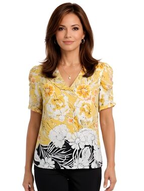 Daniel Rainn Yellow Floral V-neck Ruffle Sleeve Detail Chiffon Blouse Size M